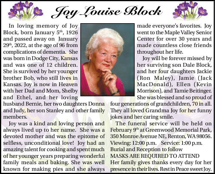 Joy Louise Block | Obituary