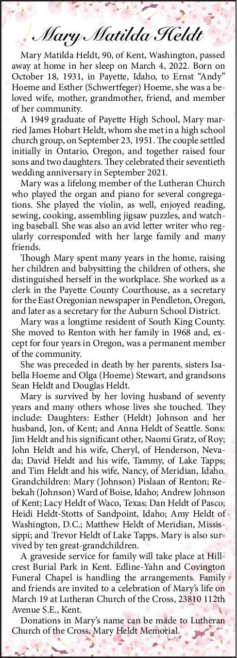 Mary Matilda Heldt | Obituary
